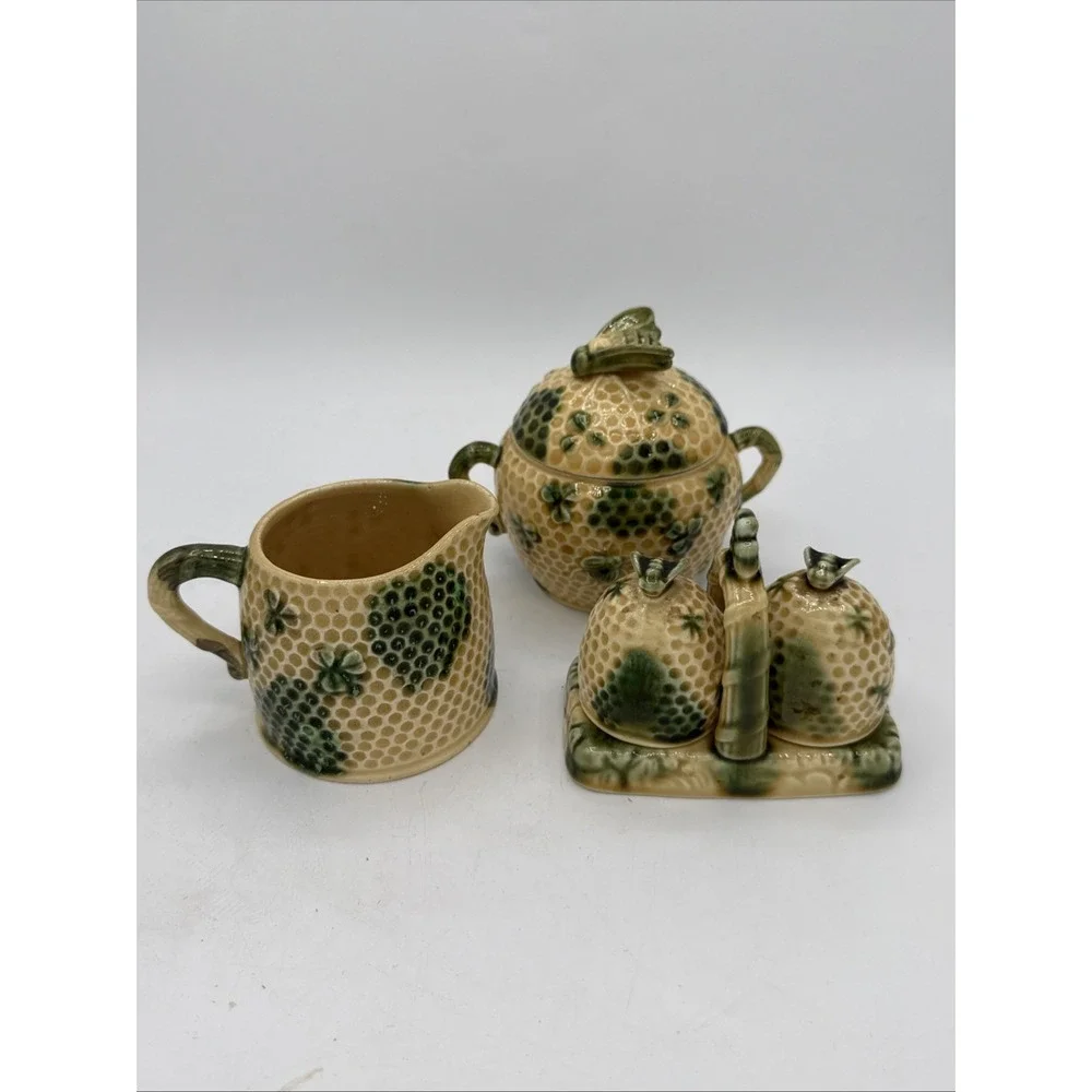 Vintage Brinns Majolica Beehive Honeycomb Clover Creamer Sugar Salt Pepper Set